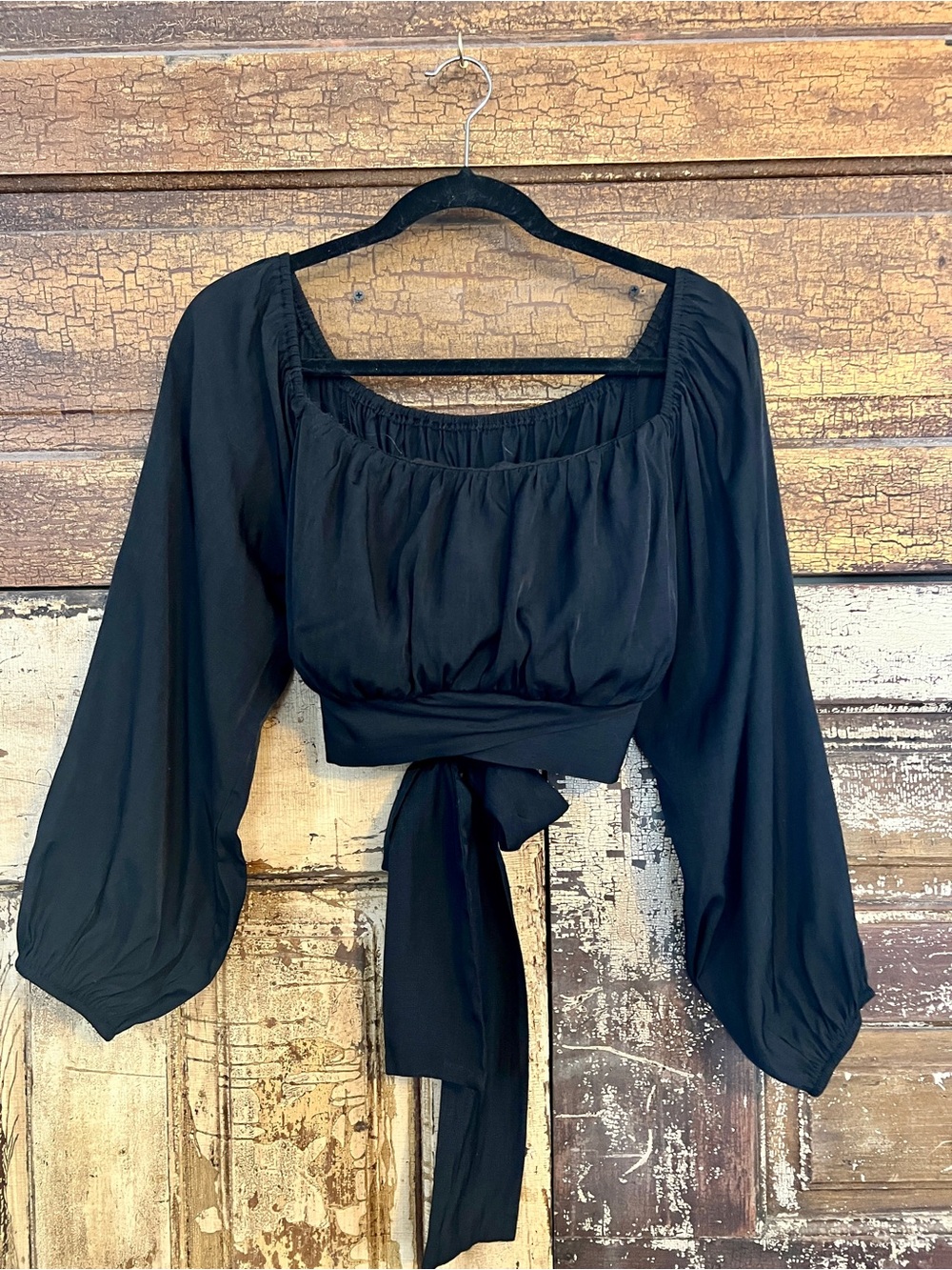 Black Tie Back Crop Top | Square Neck Balloon Sleeve Blouse | Size L